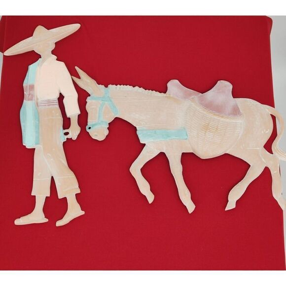 Vintage Metal Wall Hanging Southwest Pastel Decor Mexican Man with Mule - Picture 1 of 9